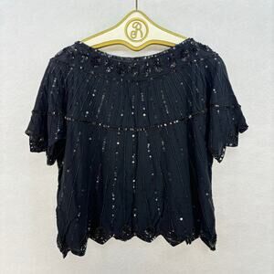 Vintage Black Sequin Beaded Short Sleeve Blouse
